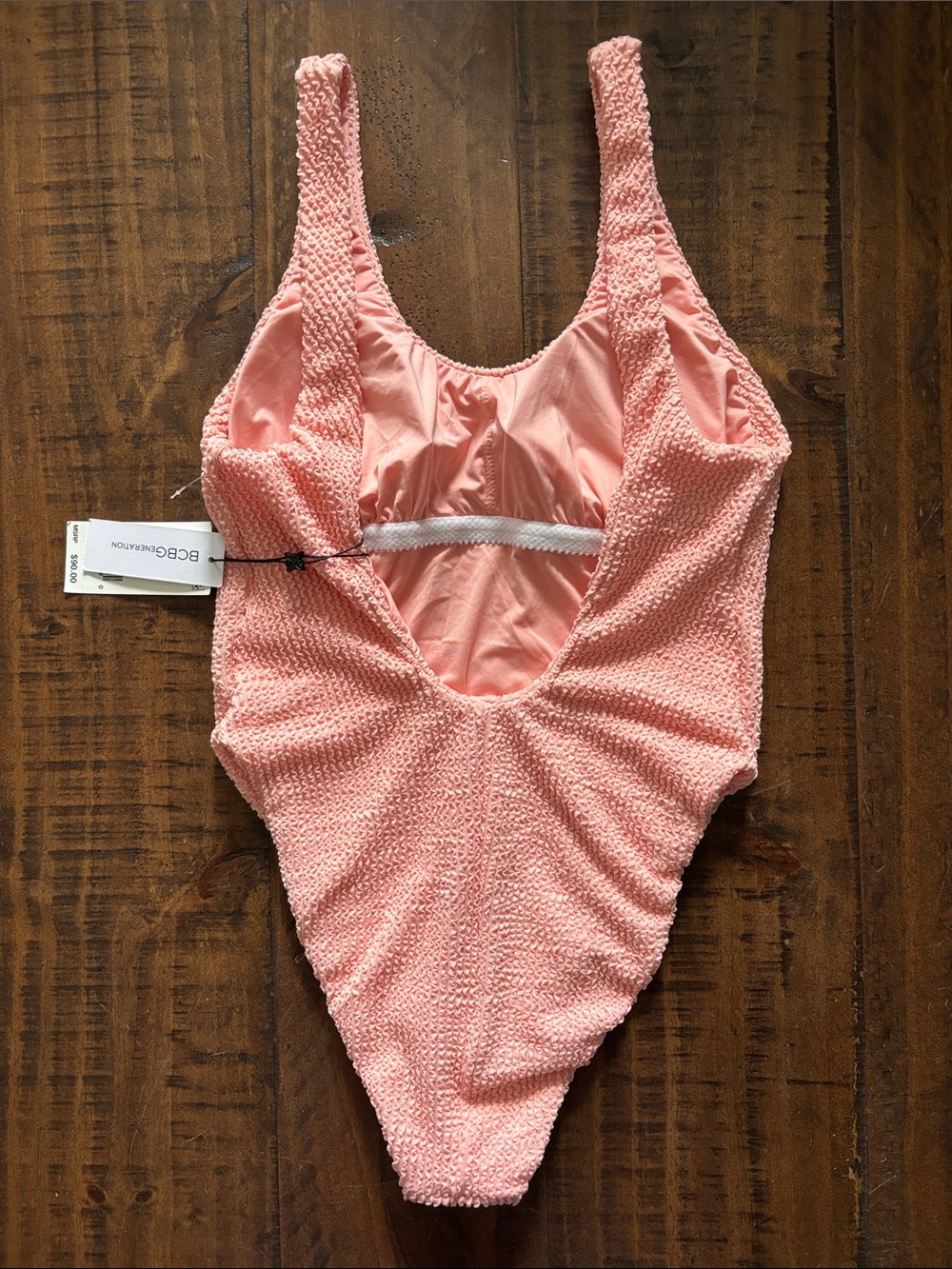 BCBGeneration High Cut Cheeky Textured One-Piece Swimsuit S Peach - Picture 6 of 8